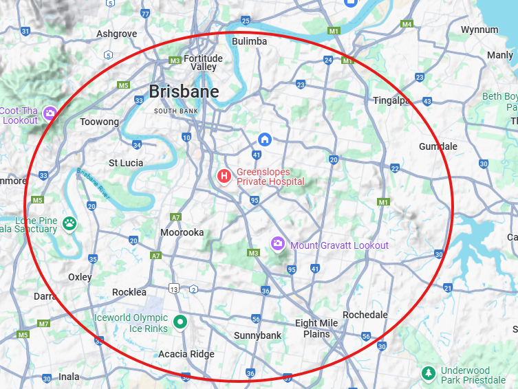 Service Area Map showing 20km radius from Brisbane CBD